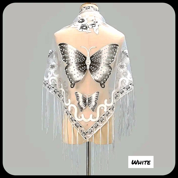 Lace Tassel Butterfly Print Shawl Triangular Scarf, Windproof cover up scarf new - Picture 7 of 10